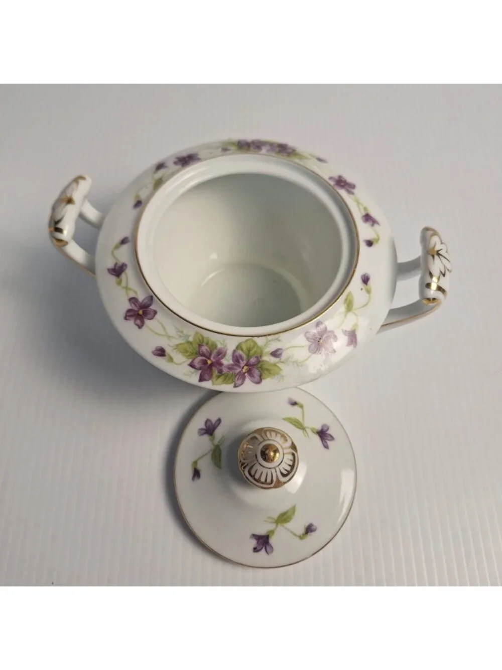 WENTWORTH CHINA JAPAN PURPLE FLORAL GOLD TRIM CREAM AND LIDDED SUGAR SET VIOLA